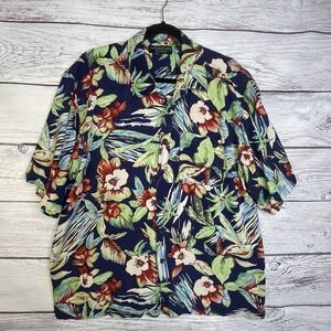 Common Man Black Label Men XL Button Down Hawaiian Silk Shirt Tropical Flowers